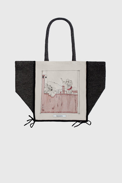 Ruxandra, sublime design of a tote bag, with an embroidered piece of art, hand embroidery of John Singer Sargent paintings, textile art, flamenco dancer on Seville rooftops, artful bag, graphic, cotton, red butter white and black colors