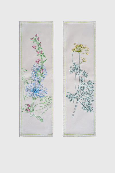 Ruxandra art of the table, set of cutlery napkins, embroidered with chicory flower and dill flower, beautiful table linen décor, artisanal work, made by hand, colorful and detailed