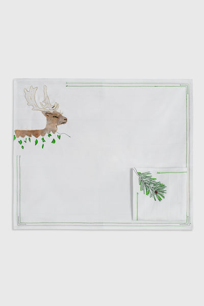 Ruxandra, tablemat and napkin set, manually embroidered by hand by an artisan, multicolor thread and patch embroidery on linen cloth, patchwork deer and pine needles