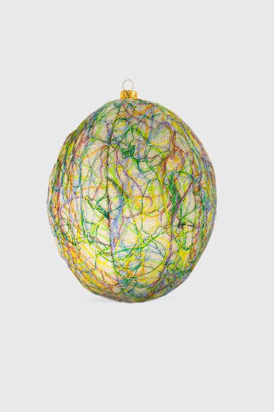 Ruxandra, oval shaped globe, with multicolor abstract embroidery, painterly style, crafted in textile, hand made, Xmas gift, drew with crayon, pet friendly, kids safe, eye catching play of colors and textures 
