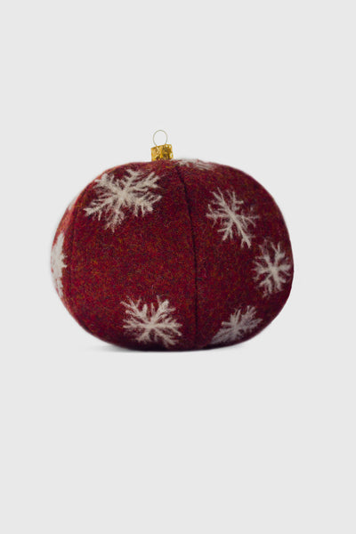 Ruxandra, Giant tree ornament, crafted in wool, made by hand, felted wool, white snowflakes details, highly detailed, artistic look, traditional holiday spirit, for the whole family, all natural textiles, safe for babies, pet friendly, deep dark red and white, Christmas colors