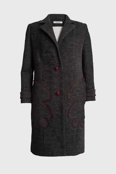 men's coat, with a modern feel, sophisticated and young vibe, fresh to look at, red hands outline on the front, red leather covered buttons, interesting texture combination, playful style, open, 