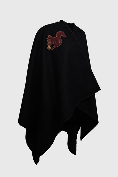 women's cape, black color, fits all sizes, embroidered with beautiful squirrel, burgundy color and gold thread,
