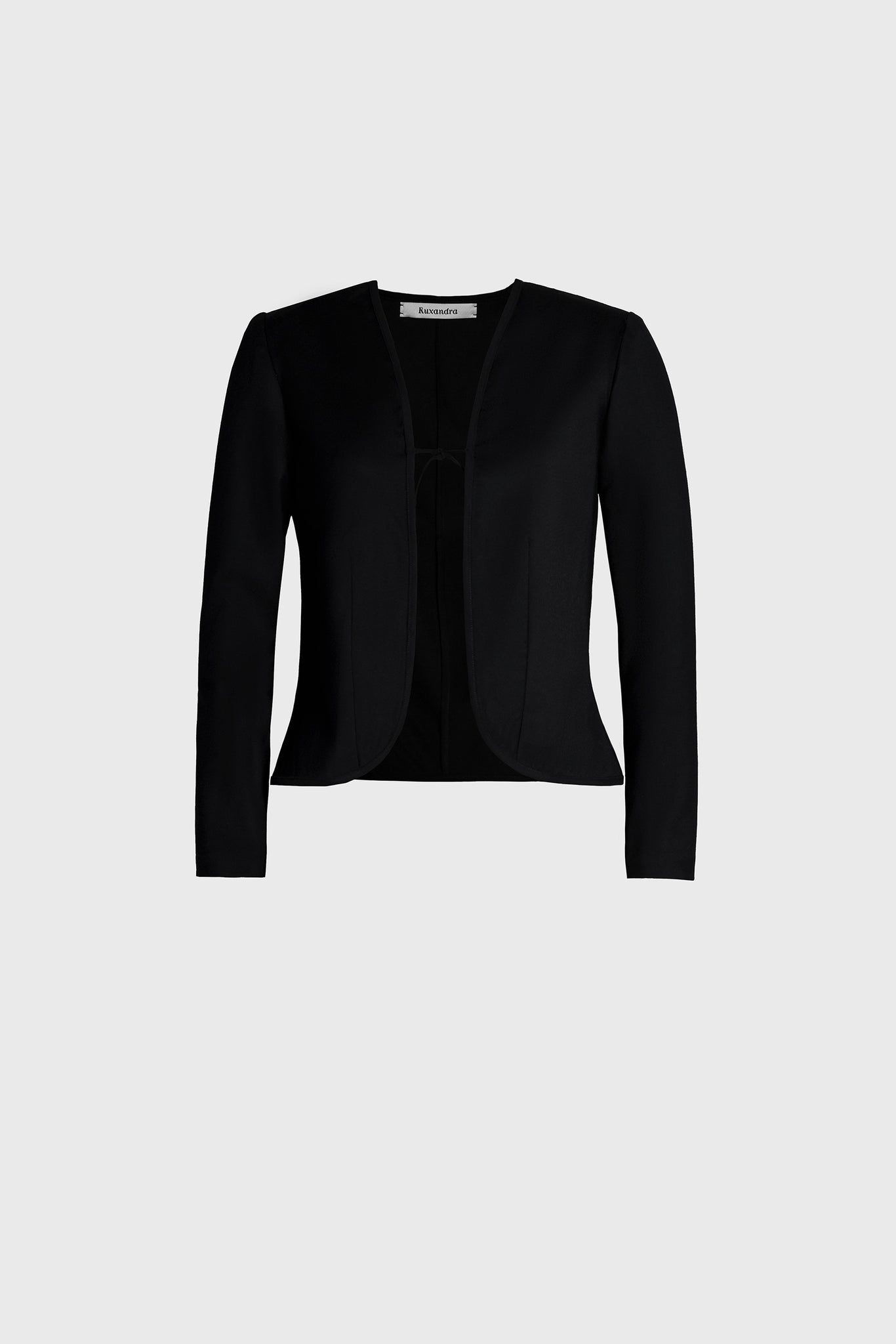 Ruxandra women's cropped bolero from lightweight black wool, long sleeves, front cord closure, round hemline, impressive cut, style with casual or business looks, timeless shape