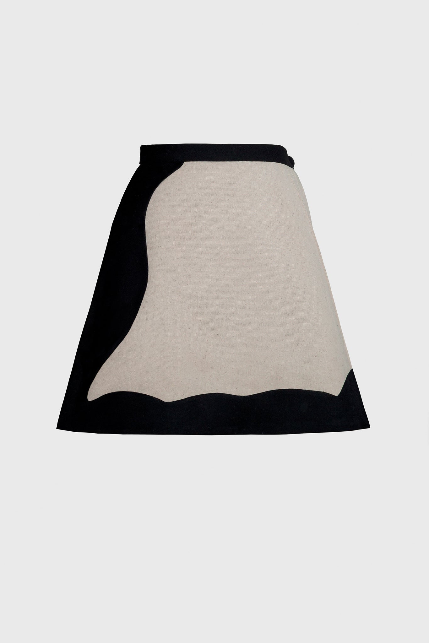 Ruxandra women's avantgarde skirt with side pleats, youthful, playful, wavy insert of black patch, wool and cotton, breaking silhouette, easy to wear with a shirt or a jacket