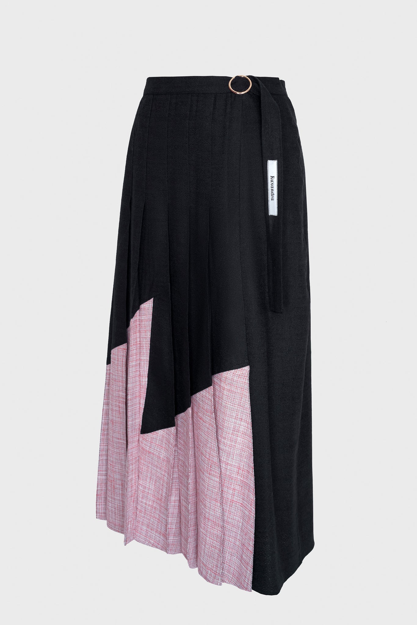 high waist skirt with waist band and metal buckle closure, fun contrast between the pleats top part black lower part pink
