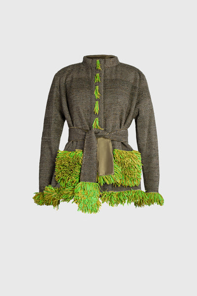 Ruxandra, artisanal fashion, haute couture blazer, intricate, expensive, crafted by hand, hundreds of hours of work, super merinos 130s, demi couture, woven blazer, vintage feel, Russian style, hazel and vibrant green colors