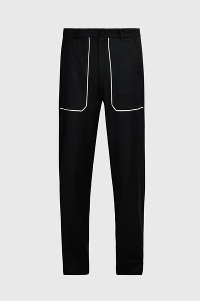 Ruxandra brand, designed  men's trousers, timeless straight shape, long, below the ankles, with two front geometric pockets, white piping details, from black wool, super graphic read, black and white colors, casual and street style. 