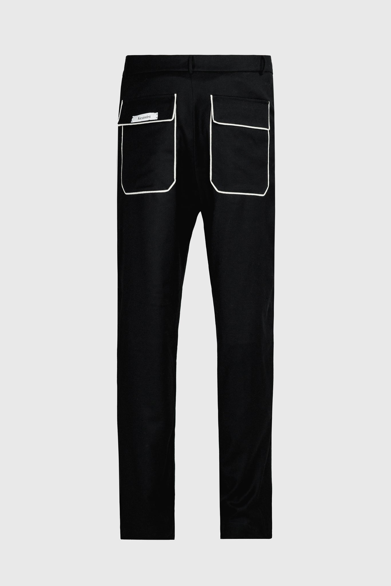 Ruxandra, straight-leg men's trousers, 400gr wool, perfect architects outfit, geometric style and details, recognizable details, white piping on black, with belt loops and rear jetted poclets concealed fly and button fastening, leather covered button.