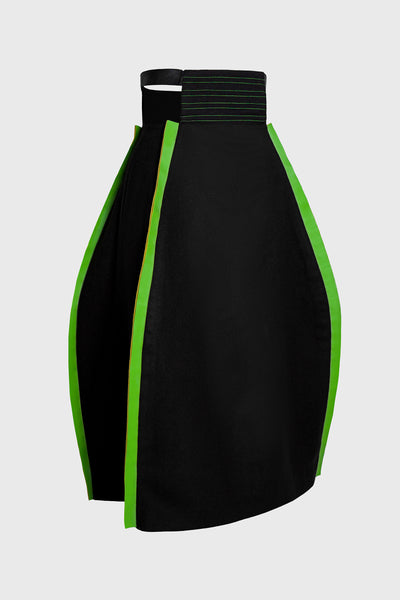 crinoline shape women's dress, wool dress, heavy wool, green stripes on the side hems, green against jet black, waist corset, apparent green thread, elegant and imposing, keeping others at a distance, Velcro side fastening on leather belt 