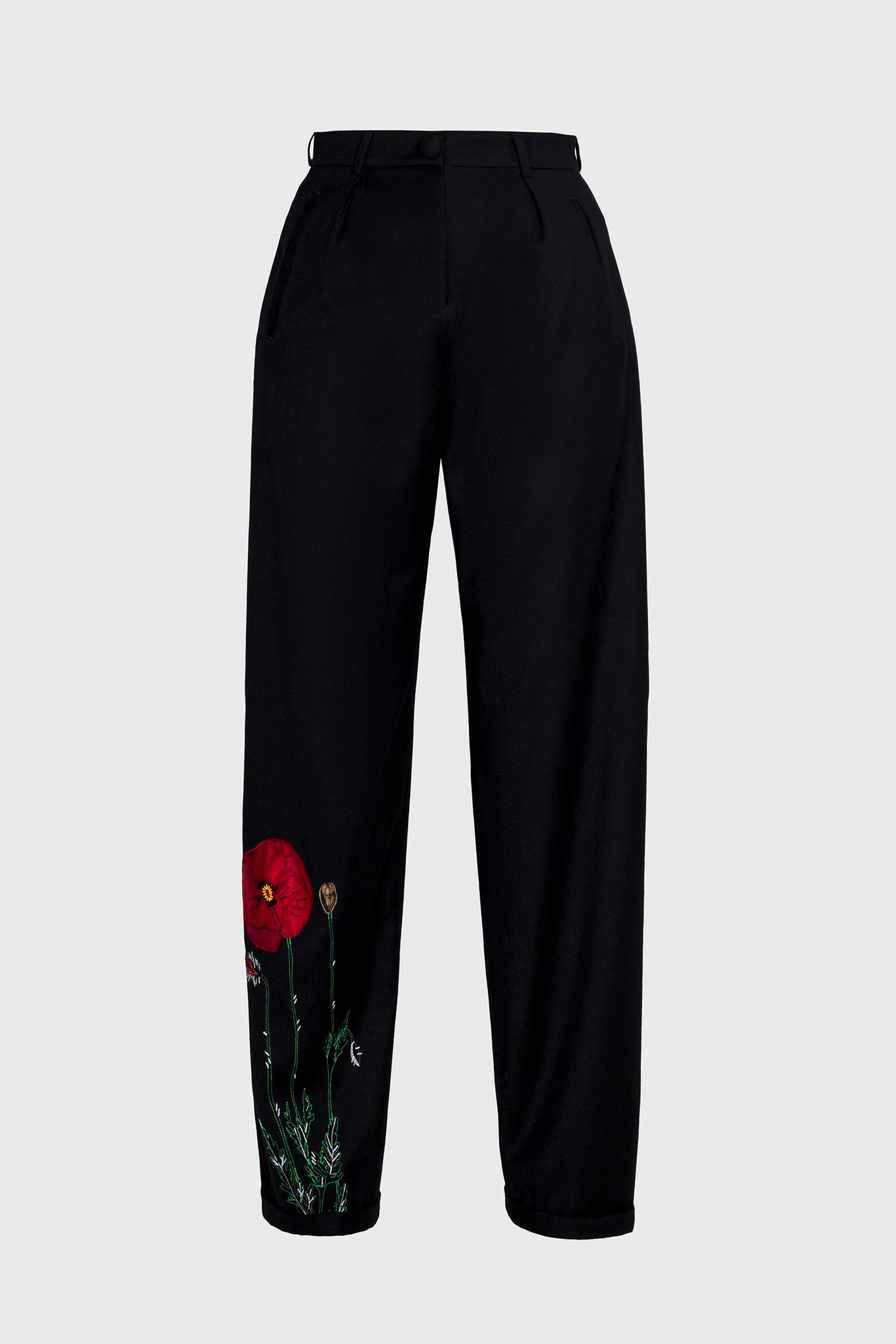 Straight cut, high waist trousers, with belt loops, side pockets and rear pockets, matching covered buttons, custom tailored trousers for women in power, for business women, luxury seekers in fashion design