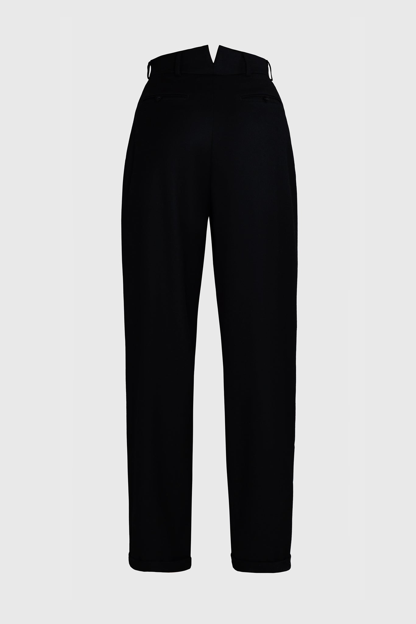 Ruxandra luxury fashion designer for women and men, wool straight trousers, vintage style back, for an elegant silhouette, Kate Blanchet style suit trousers, with a playful twist, split waistband, showing off craftsmanship 