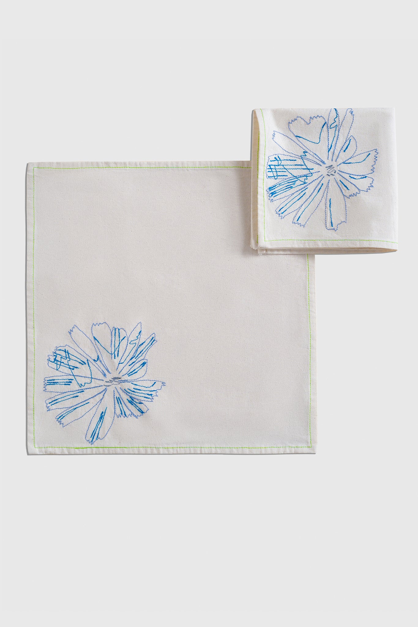 Ruxandra, square table napkin, linen napkin embroidered with chicory flower, blue color on natural color linen, cotton table, artisanal creation, square shape, for reunion tables, artistic families