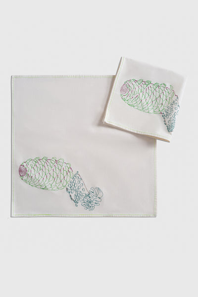 Ruxandra table wear, large linen napkin, manually embroidered with a detailed pine cone, multicolored, cotton thread, great for arranging a picnic outdoors in the spring or summer, family gatherings.