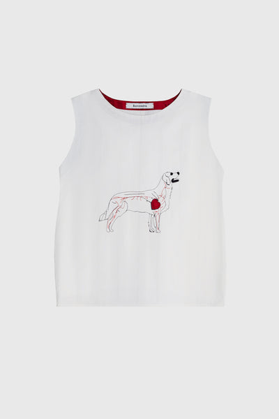 Ruxandra, White T shirt with your dog, heart of a dog on a T-shirt, tee with Golden Retriever or Labrador, anatomy of a dog embroidery, red details, silk and damask cotton, special style, casual and friendly, animal lover fashion