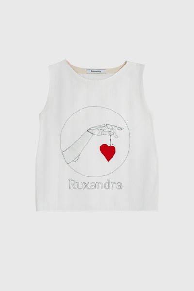 Ruxandra, logo T-shirt, embroidery of a woman robot hand, holding a red heart, silver robot hand, white damask cotton T shirt, lovely details, graphic and pop digital art, easy to style with jeans or on the beach.