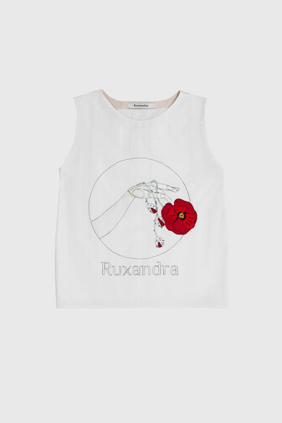 Ruxandra women's T-shirt, silk neckline, embroidered with an android hand holding wild poppy flowers, great to show off an exquisite piece of casual fashion, highly detailed, made by hand, powerful red color on white damask cotton, style to eye catch