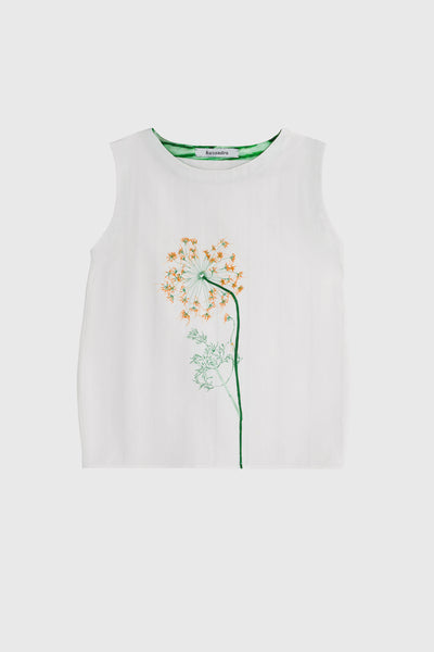 Ruxandra women's T shirt, Greenpeace style, for nature lovers, flower lovers, embroidery of dill flower, yellow and greens on white, easy to style in a  business outfit