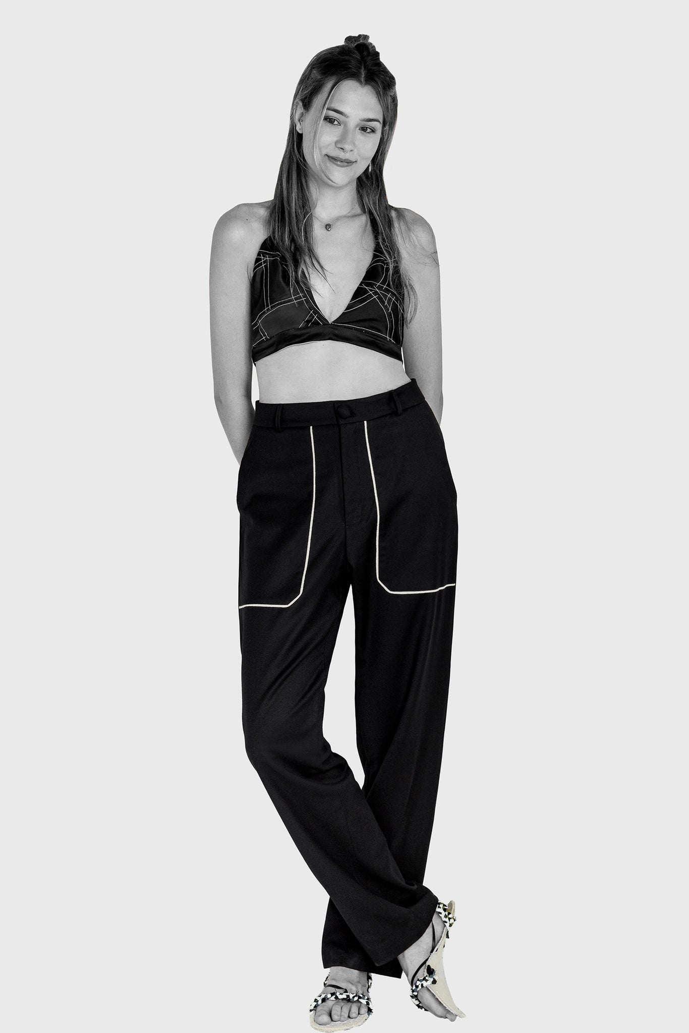 Ruxandra designed women's look, young girls and ladies fashion, black slimming trousers, matching silk bra, sexy and attractive, young vibe, style with just a blazer 