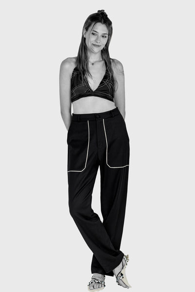 Ruxandra fashion, all black look, spring summer, upcycled silk bra with white thread over, black wool long trousers, super casual fun look.