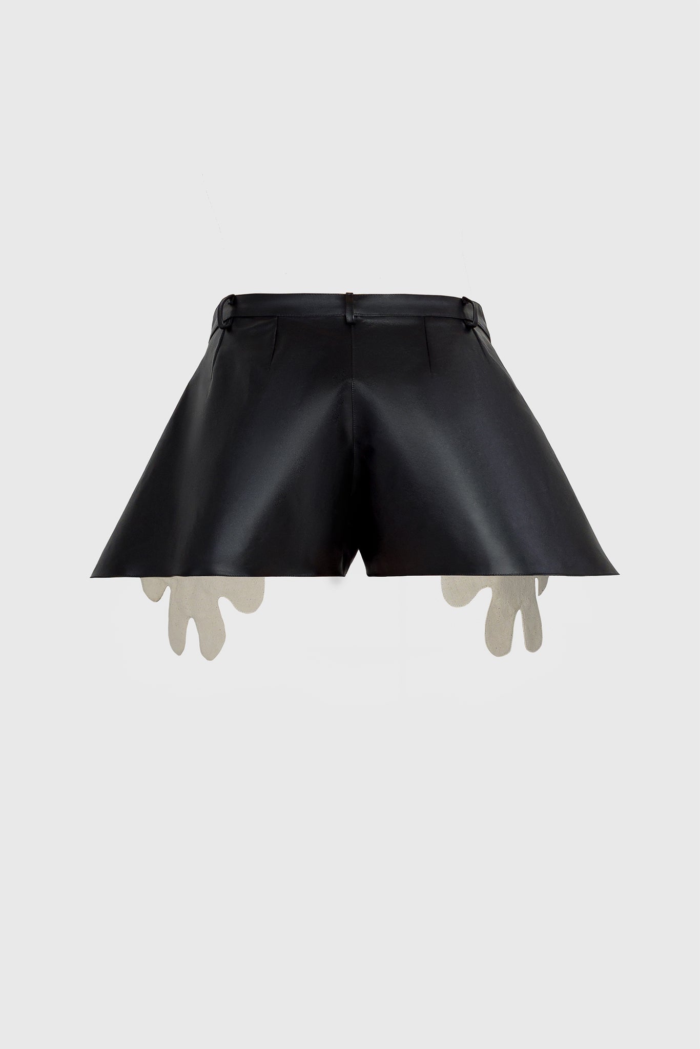 Ruxandra designed leather jogging style shorts, darts defined shape, exaggerated tapered silhouette, smooth corners, back length higher than front length 