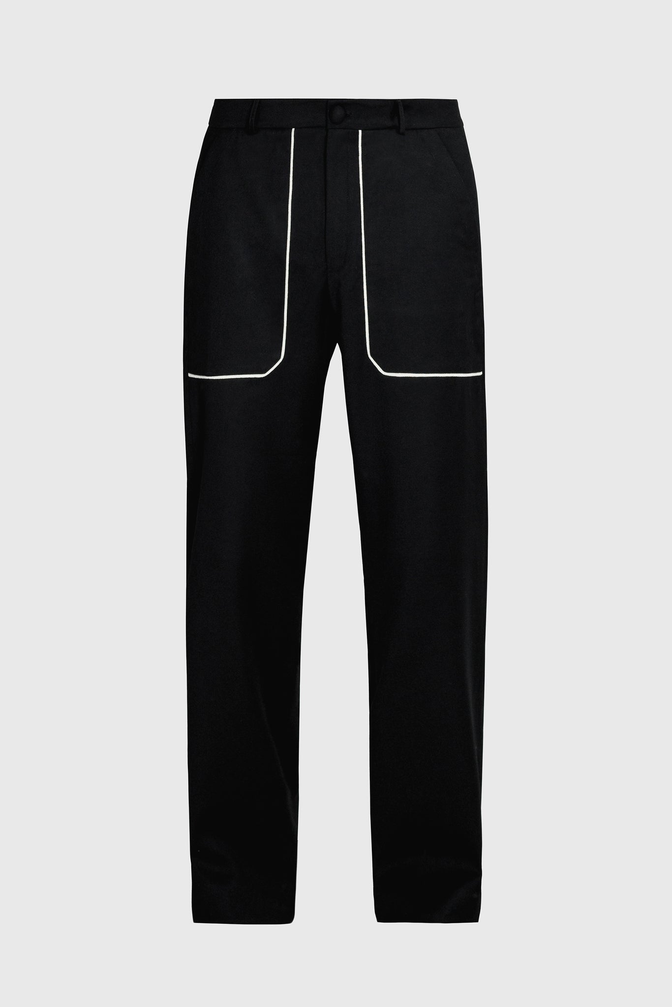 women's trousers, with geometric front pockets, underlined with white details, detailed waistline, large pockets, oversized straight fit, wool covered buttons, Instagram outfit of the day, all black color fashion, sophisticated style