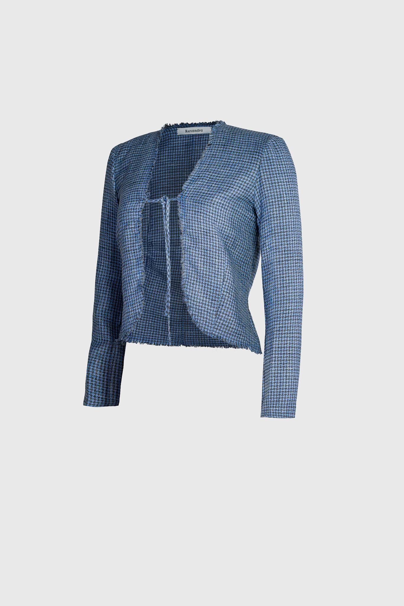 Long women's bolero, showing off, drawstring front fastening, curved, emphasizing your hips and figure, long sleeves, elegant touch, exquisite luxury Italian textile, silk super merinos wool and linen, beautiful marine blue, avatar blue