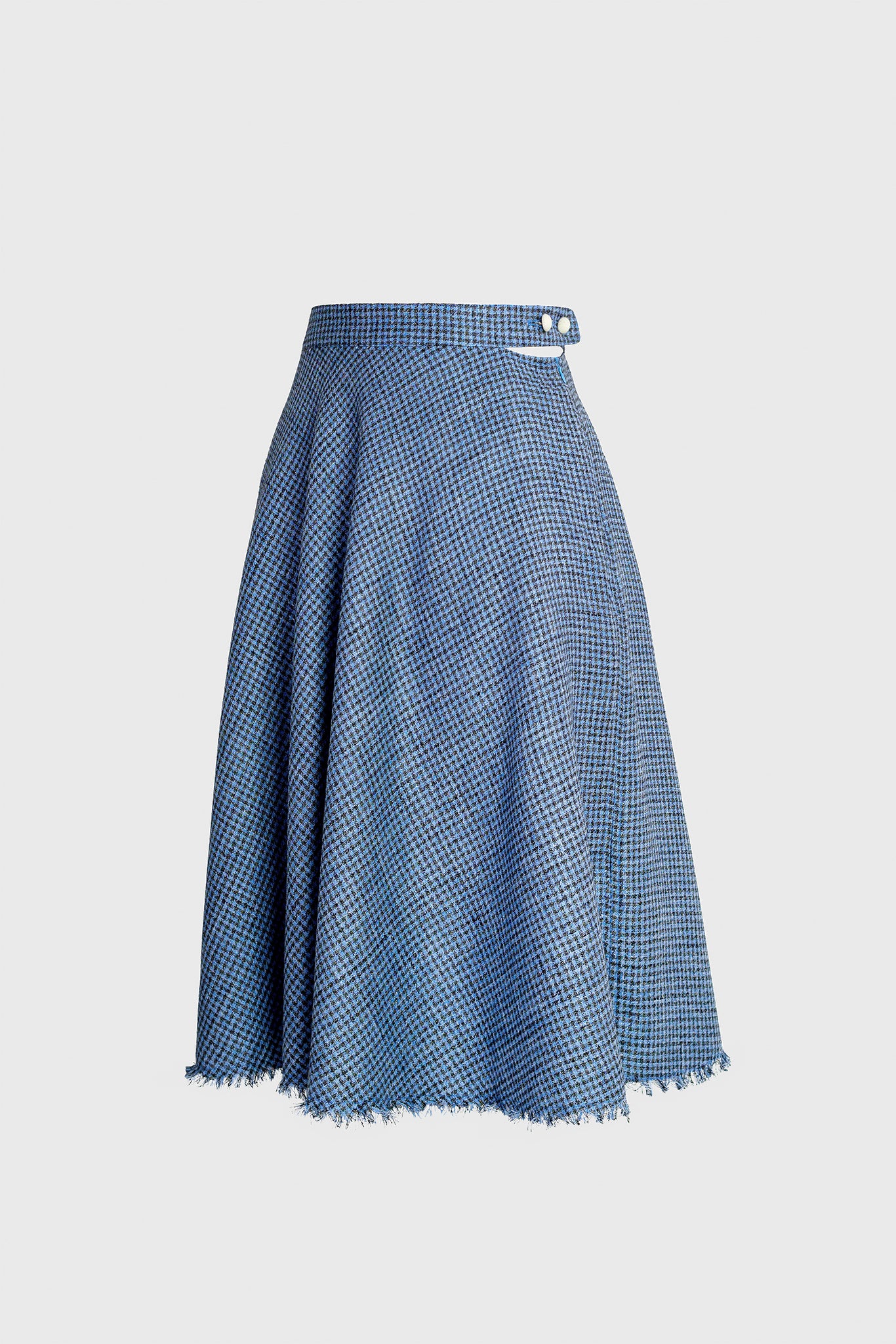 mid-length women's skirt, fringed hem line, side cutout showing skin, elongating your legs and body, emphasizing hips, silk and linen textile, subtle blue feeling