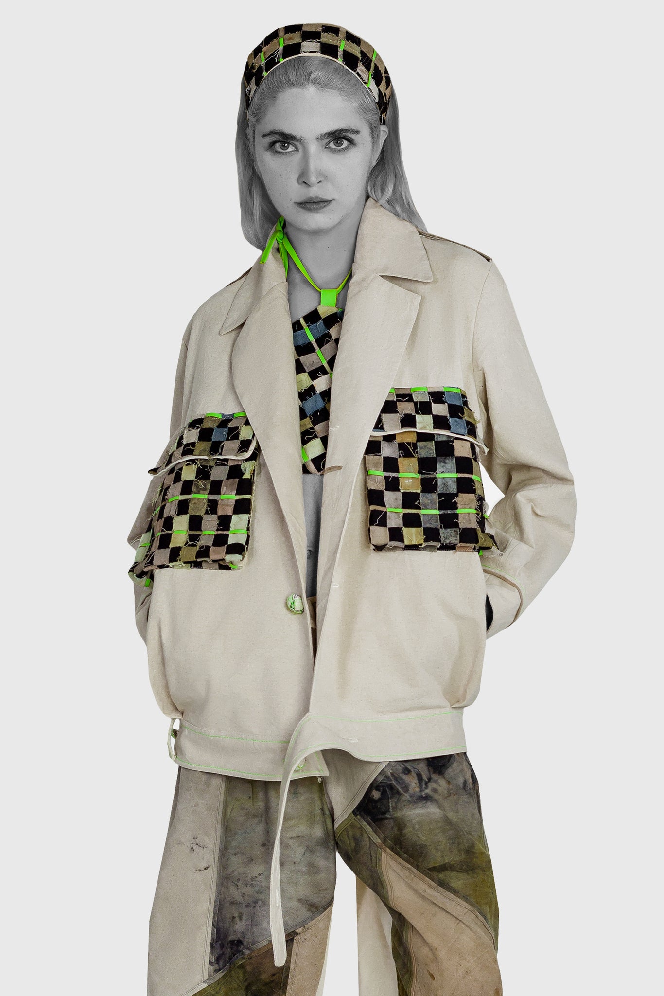 sporty button-up jacket, woven detailed bomber jacket, modern interpretation of the old school bomber jacket from ww2, pilot jacket style, loose fit, street sport style, white and multicolor, green accents