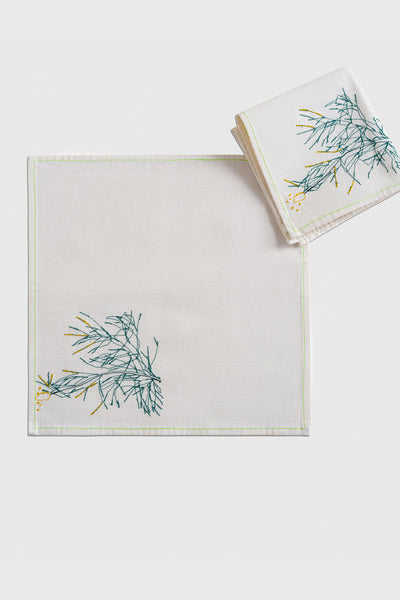 Ruxandra, nature inspired dinner, lunch table decoration,, natural flora motifs, decorative manually embroidery dill flower,, small linen napkin, detailed, green trim