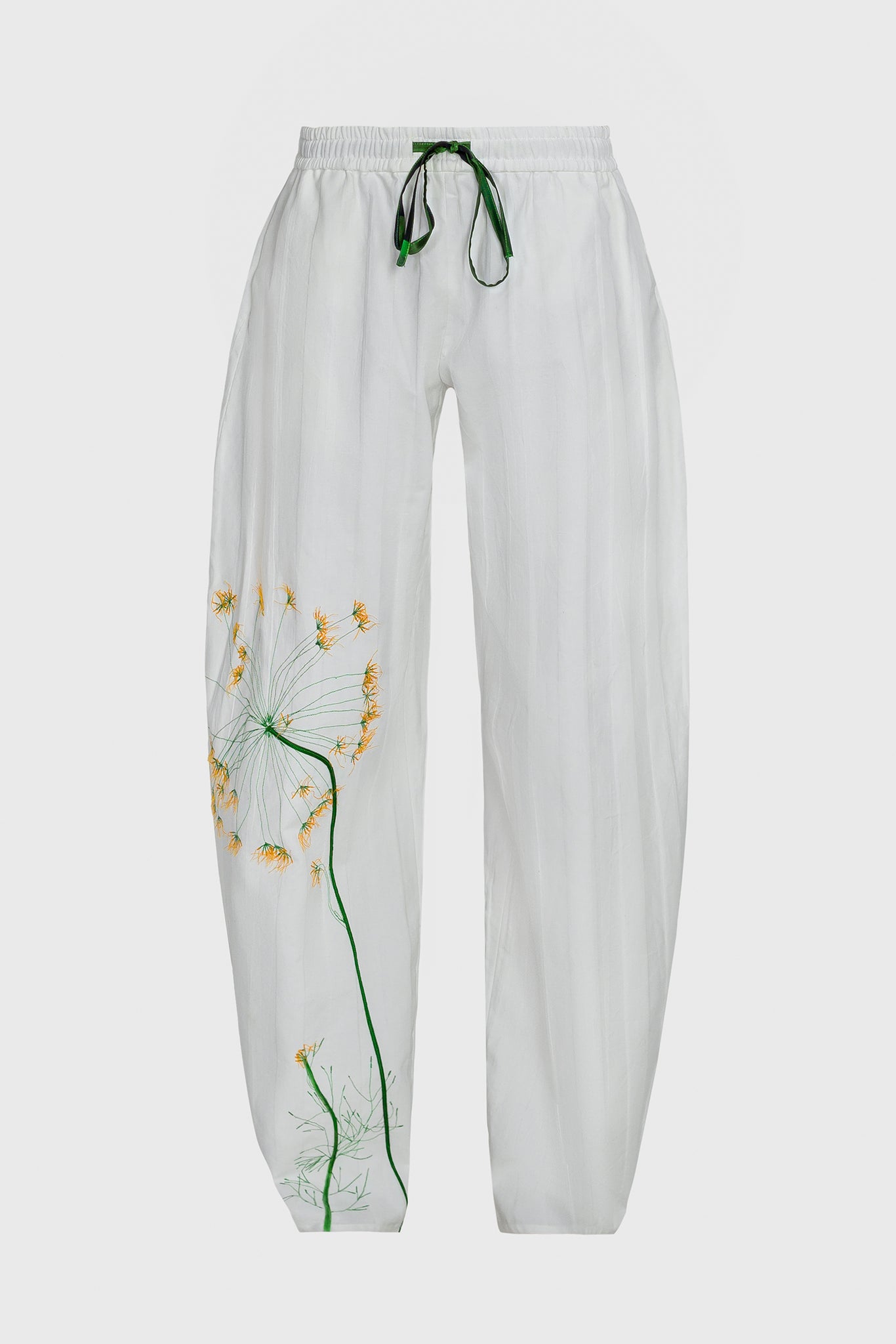 Ruxandra signature pants silhouette, women's sportswear, maternity wear, drawstring for comfort, dill flower manual embroidery for an artful feel, highly detailed, artsy and natural, minimalist hippie, nature lovers, style with other white or black or green items