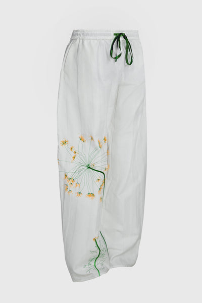 Ruxandra home pants, not your usual gym pants, silk drawstring, stylish embroidery of a wild flower, two side pockets, hand shaped to match your fingers inside, long , comfortable fit, comes in plus sizes too, large streetwear, pure white style, gleaming in the sun