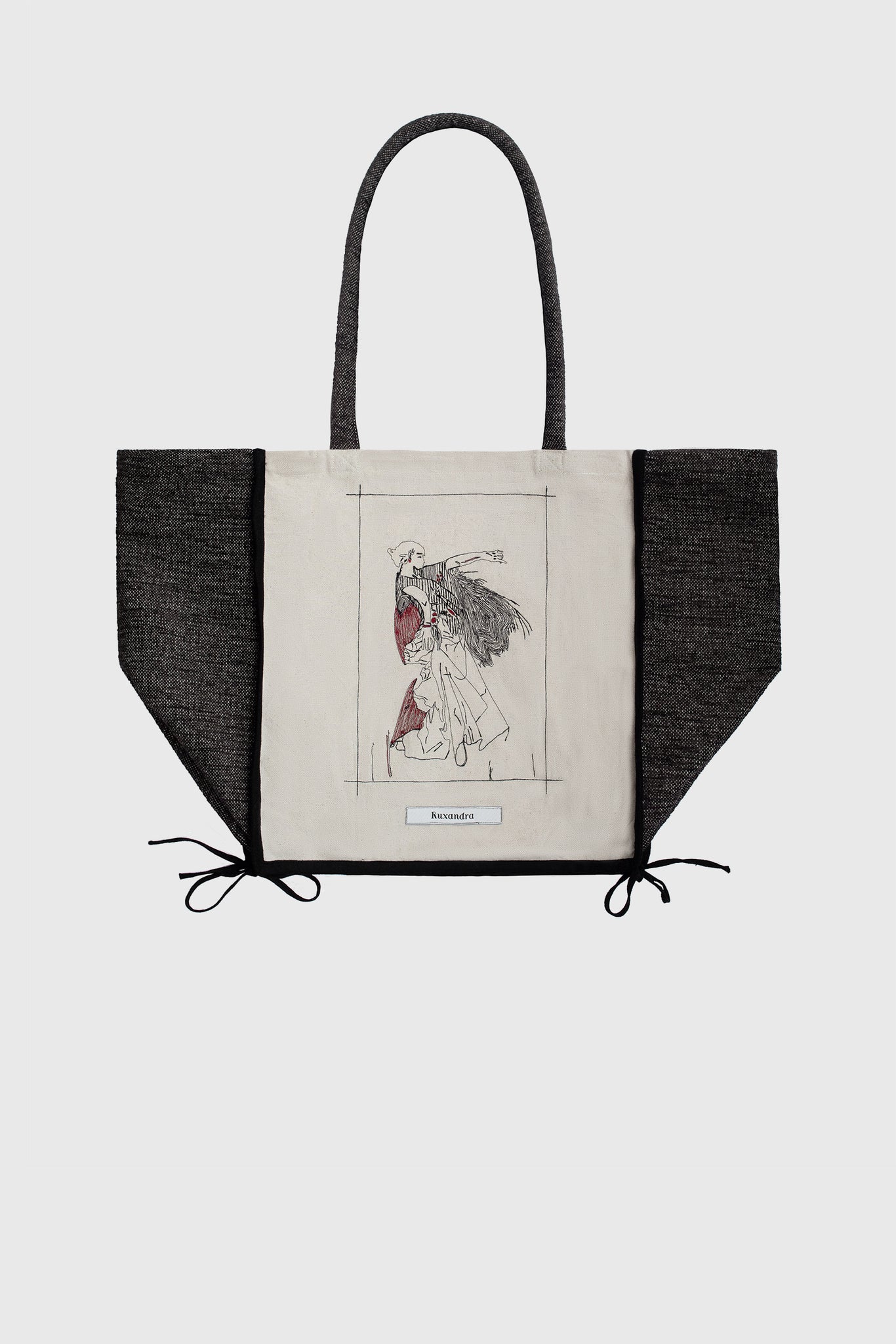 Ruxandra beautiful tote bag, with a manual embroidery of a Spanish Flamenco dancer, with red shawl and hand in the air, work of art, painting by John Singer Sargent, the Met, round handles, capacious cotton bag, black butter white and burgundy red colors, graphic and attractive