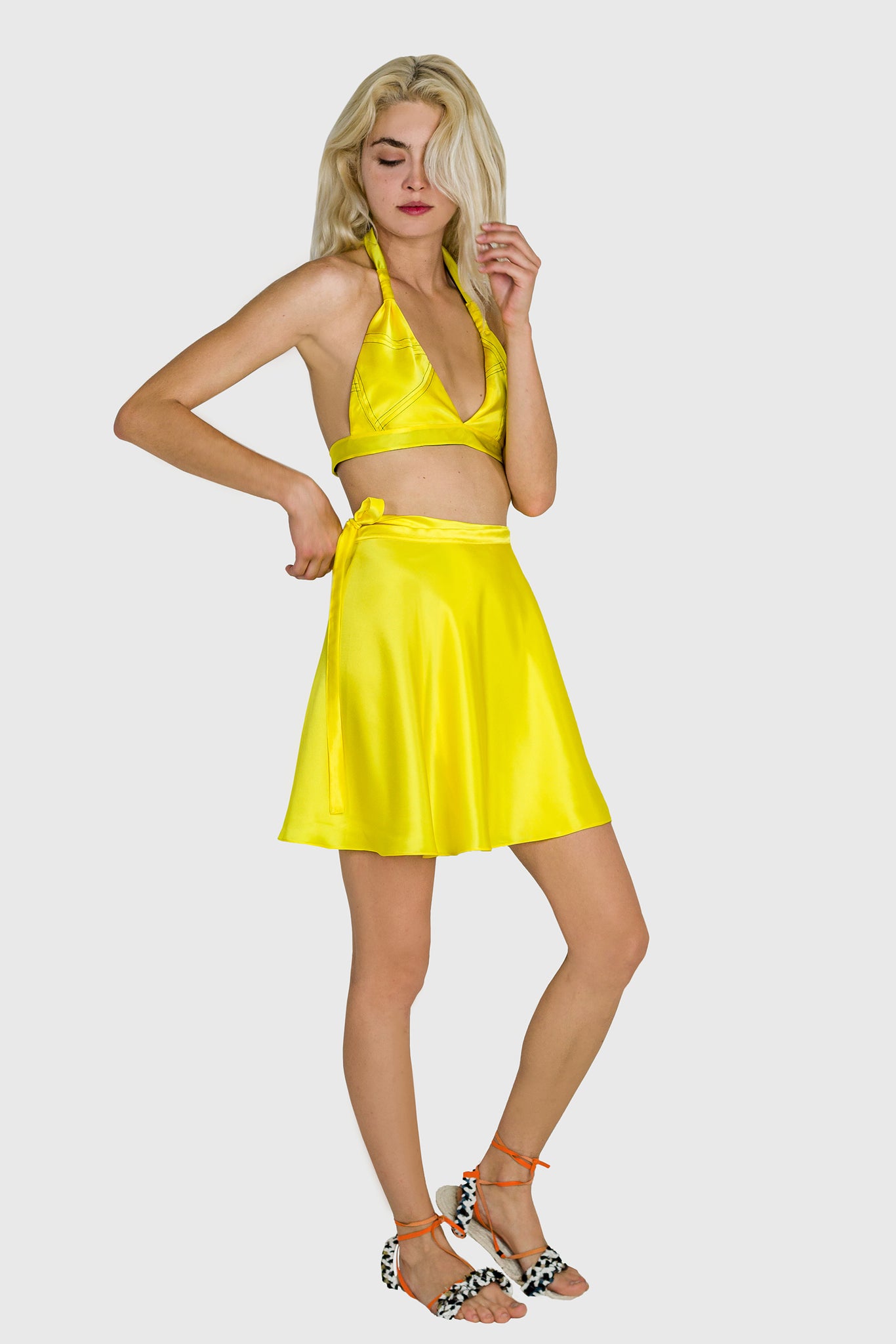 Ruxandra, all lemon yellow beach outfit, silk patchwork bra top, wrap skirt, tie and go fashion, active and sports wear, soft and folding, move with it, sports style, sexy and young
