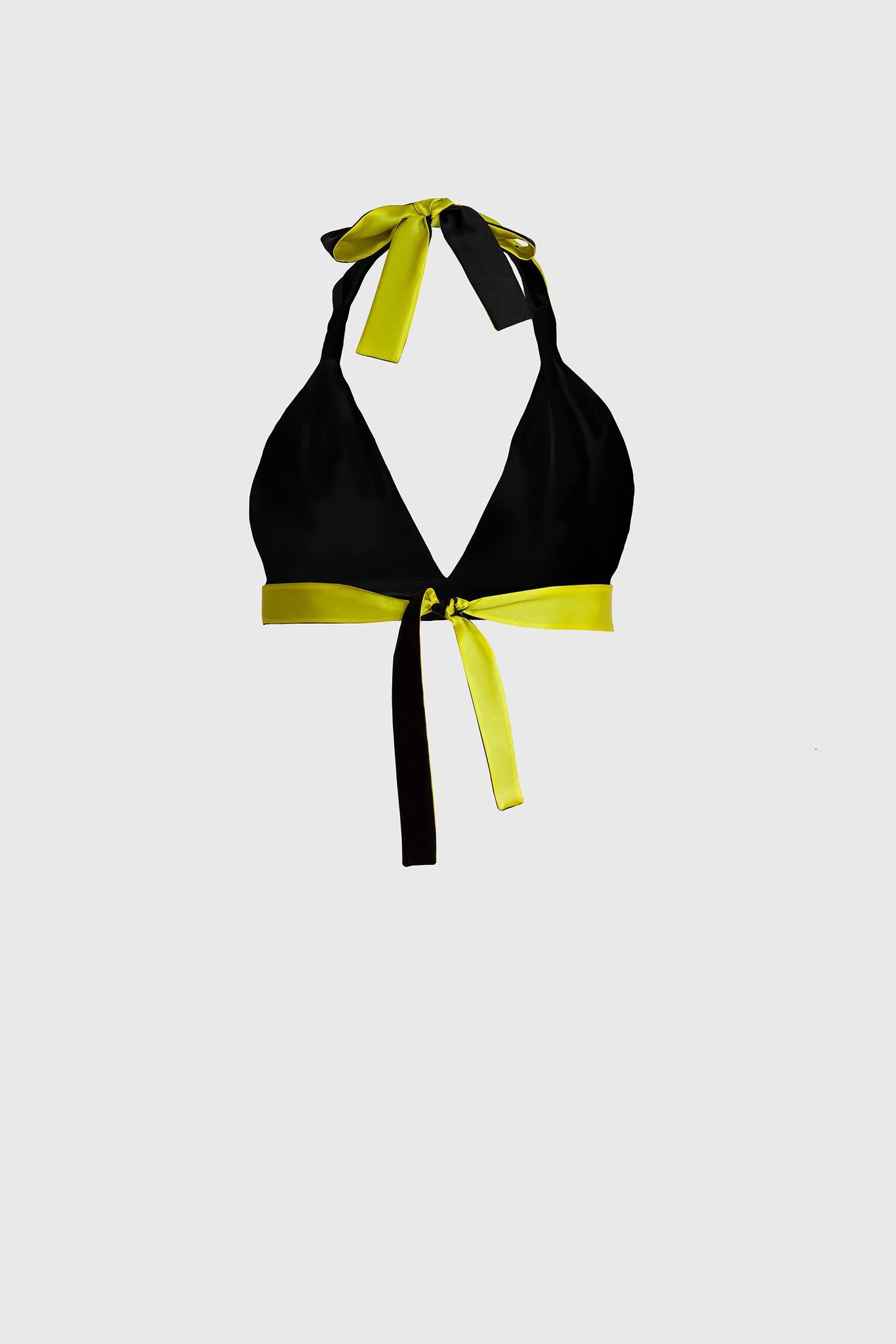 Women's luxury bra top, Italian Crepe Satin Silk, lined with black silk, contrasting main lemon yellow face, tie ribbons closure, feminine, playful and cool, style with baggy pants or mini skirt in the club or at the resort