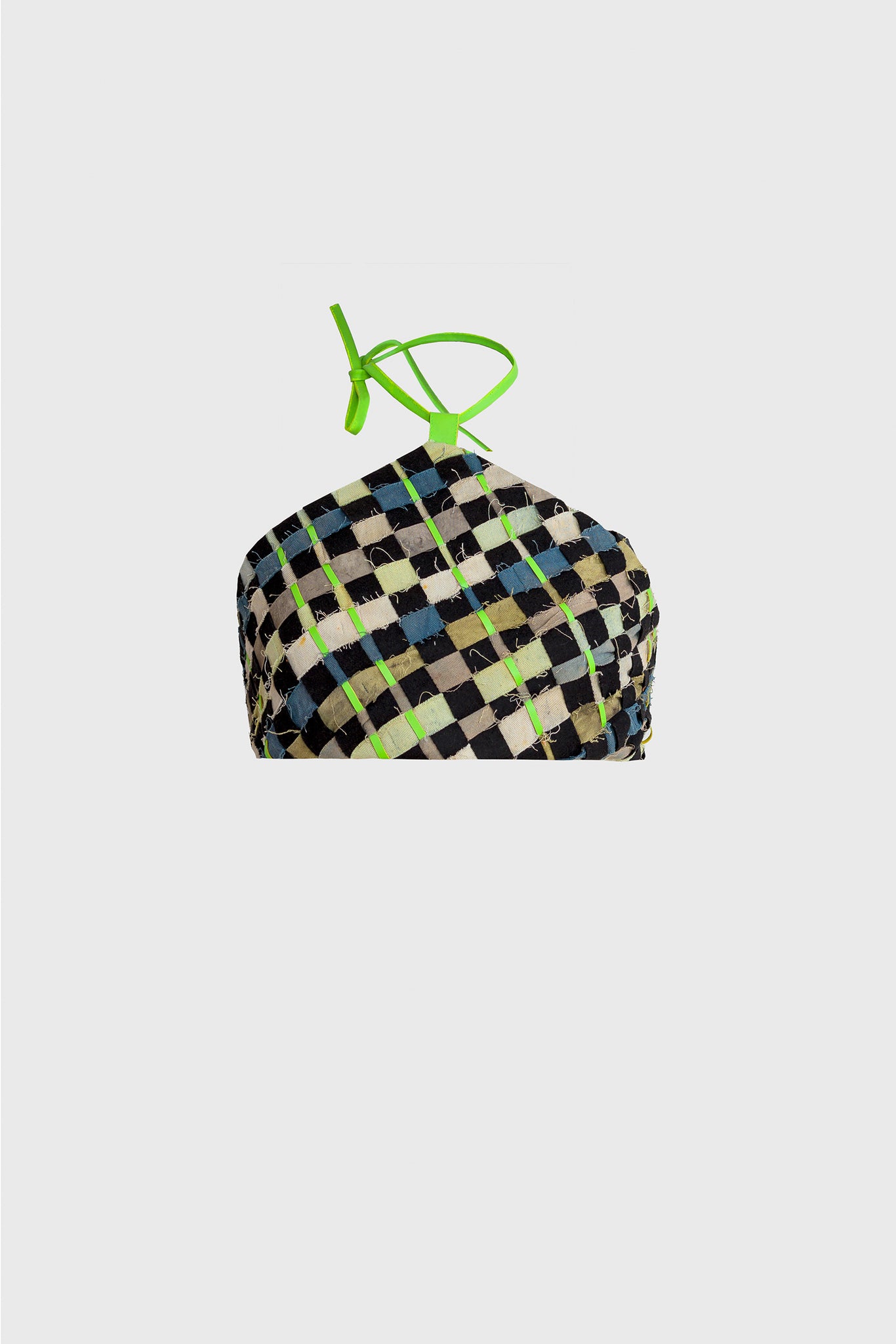 Woven bustier top, checkered multicolor patter, green and blue hades, leather cord around the neck, elastic back bands fits multiple sizes, pop up fashion, perfect way to start the summer, sexy luxury style, young and vibrant