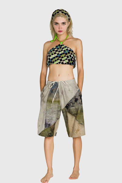 Ruxandra summer look, off the fashion runway, beach club wear, impress on the dance floor , multicolor bustier top, neon green leather accents, go in the water style, fresh luxury