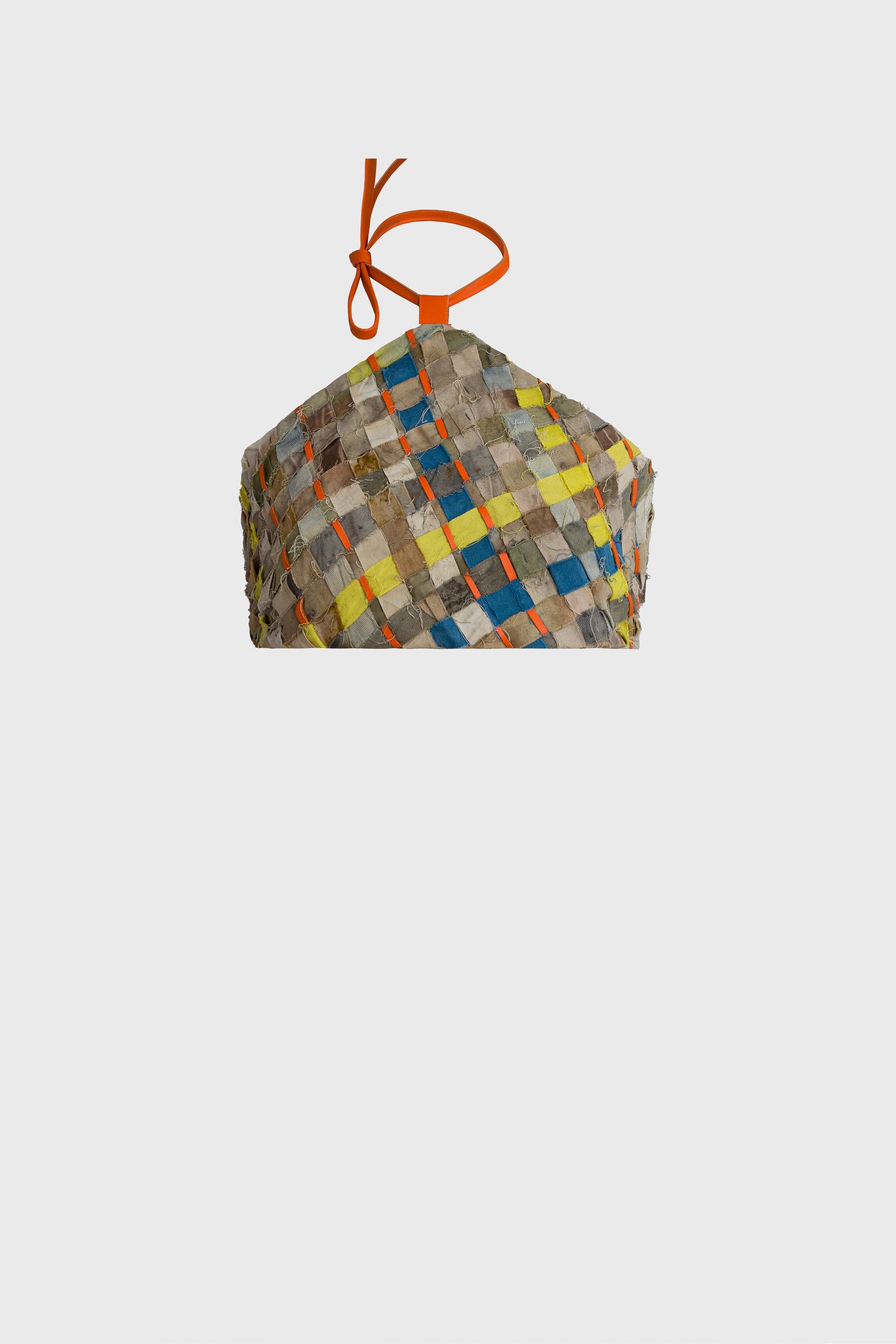 Ruxandra designed women's bustier top, from upcycled multicolor stripes, orange calf skin leather accents and cord, vibrant colors and geometric shape, easy spring summer fashion, sexy young and elegant, for teens and young women