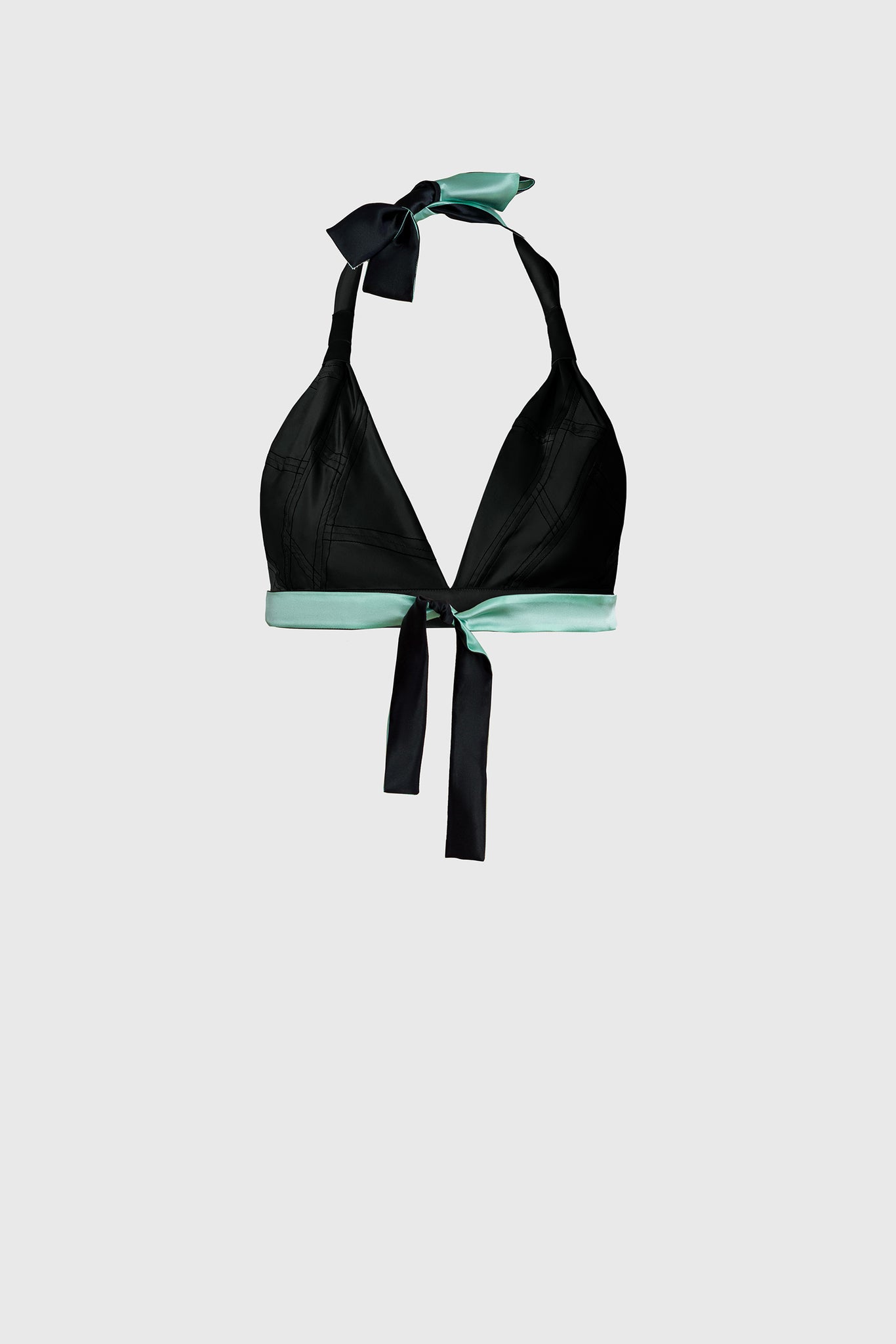 two tone color silk bra top, black and light peppermint, full contrast, aquamarine color, match tropical waters, Maldives, Tenerife, Bail style, tie around the neck in  a ribbon, and adjust for your size with back closure, fits small bust or medium large bust
