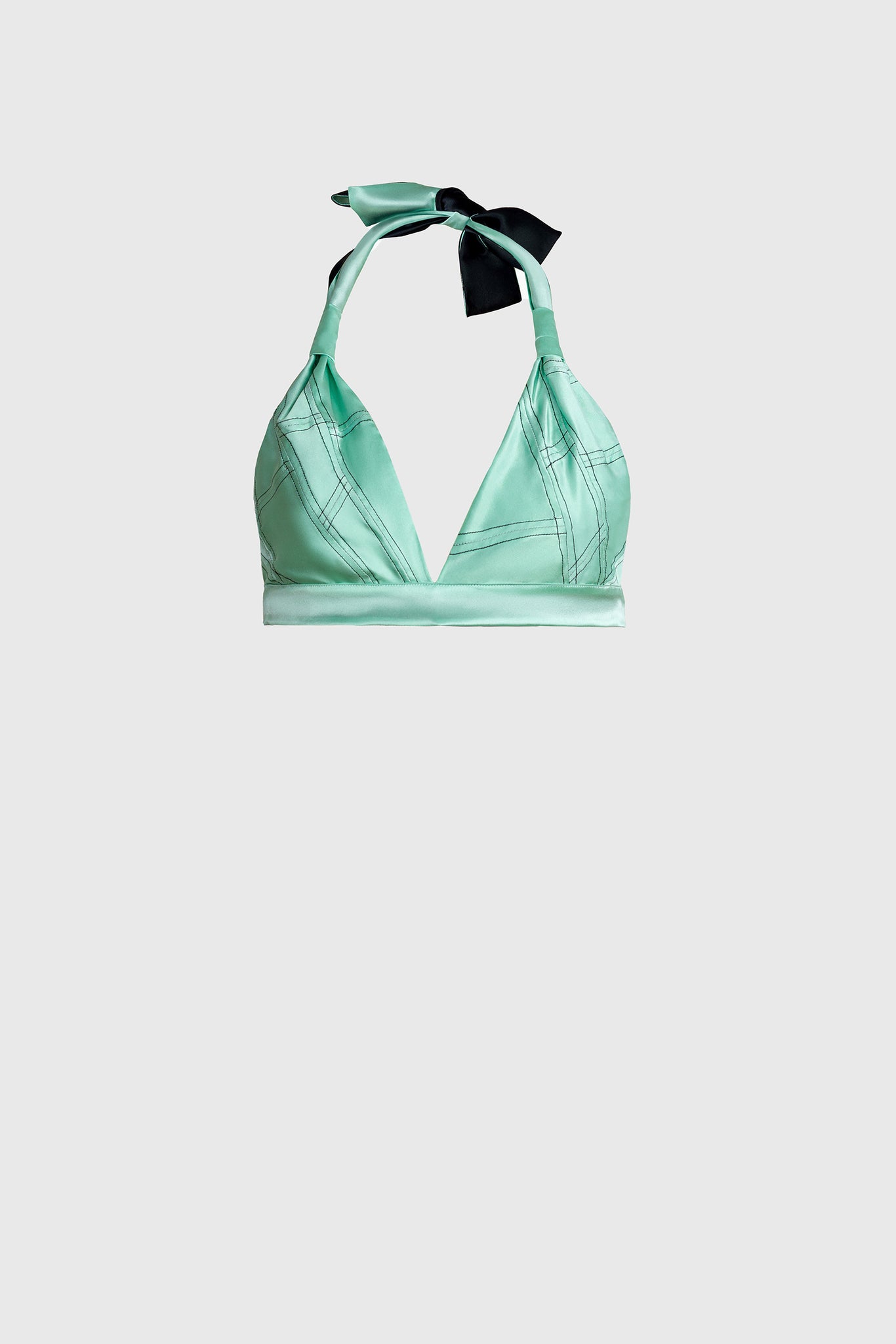 Ruxnadra designed bra top, with neck strap, ribbon tie closure, patchwork silk, black thread sewn over textile, upcycled from leftover silk, light peppermint green color, lined with black silk, wear casual or at the beach
