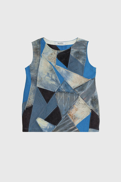 Ruxandra, mosaic like t-shirt, sleeveless, cool and light, upcycled from vintage fabrics inside the atelier, sustainable fashion, quality fashion, well finished, blue and gray patches, black to contrast, great for summer and spring