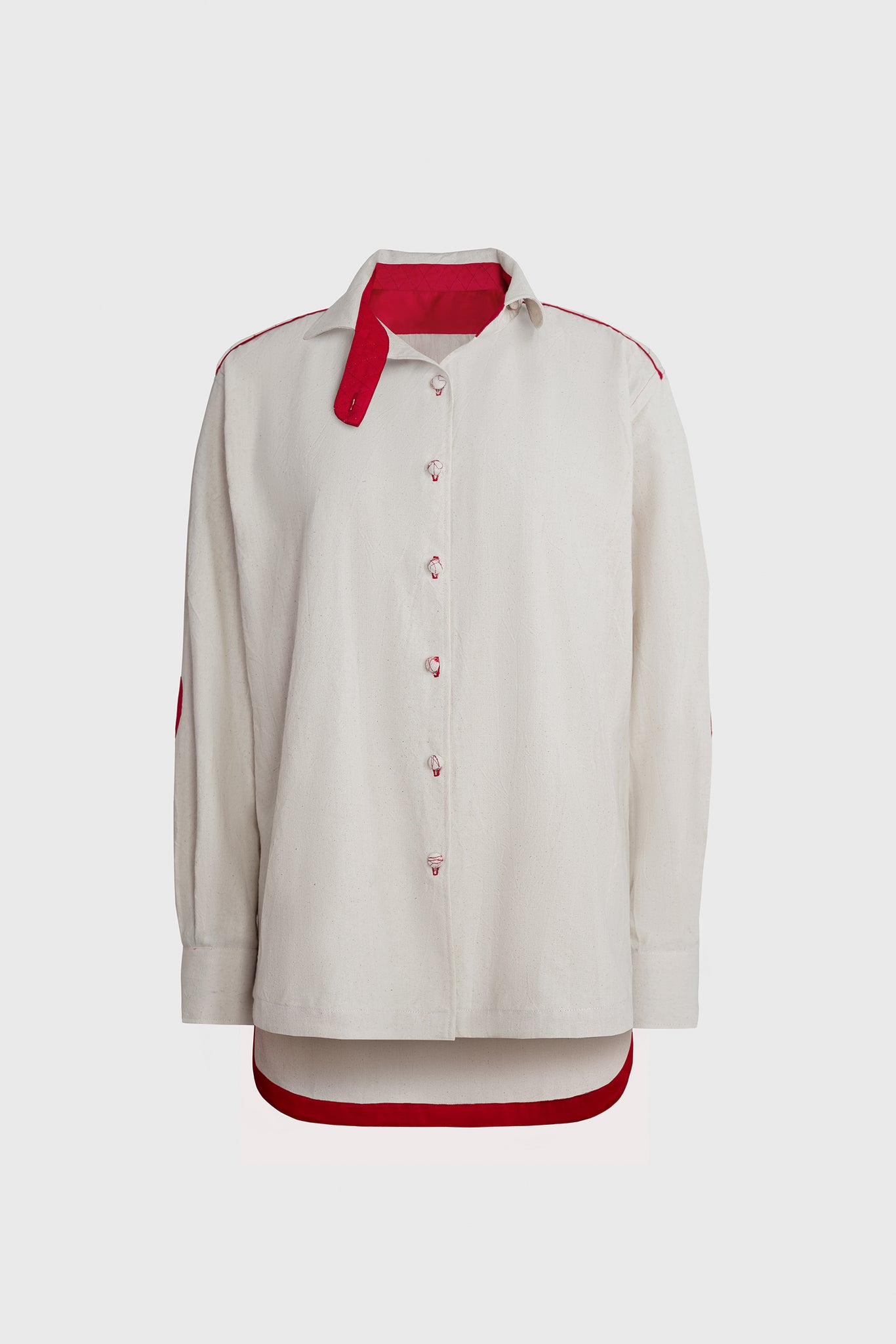 Ruxandra designed tailored shirt, detailed sleeves with heart patch and placket, quality finish, longer back hem, cuffs with buttons, front button closure, special extended collar stand and button neck closure, white and red colors, elegant and casual, style with pleated skirt or long contrasting trousers, for office fashion, playful fashion touch