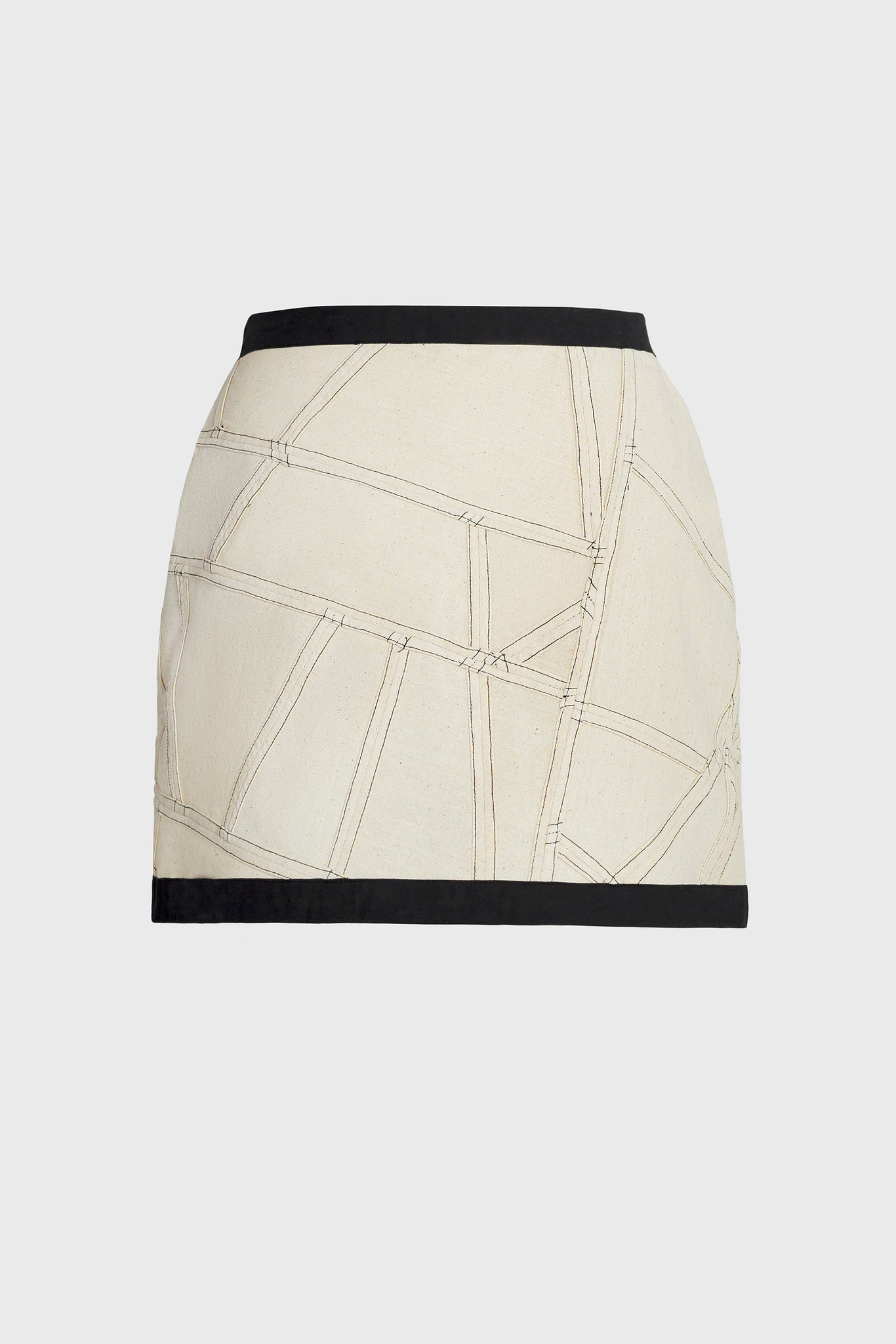 women's skirt, designed as an unisex item, architecture graphic thread lines over patches of cotton, abstract line pattern front and back, wear it low waist as a short skirt, or high waist as a mini skirt. fun dancing style, party outfit, futuristic