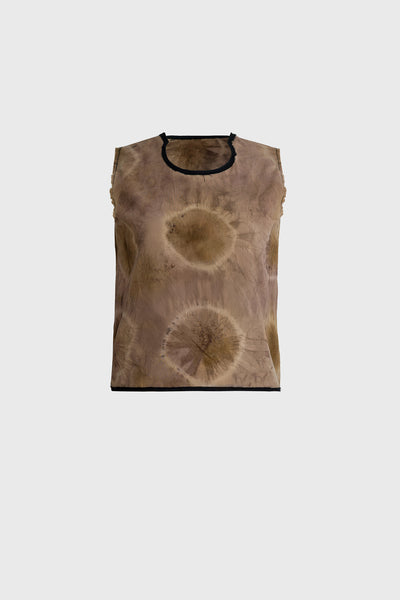 Ruxandra, earth tone sleeveless top, shibori circle pattern, naturally dyed, black hem line details, modern avantgarde silhouette, for edgy women, artists and forward thinking women