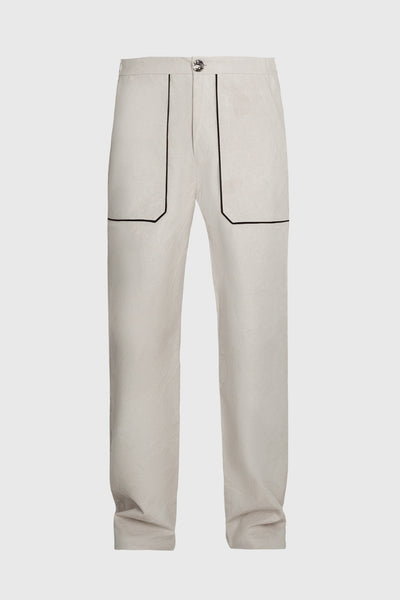 Ruxandra designed, high rise trousers, unisex design, resort wear, breathable cotton, butter white color, resort style, piping details contrasting