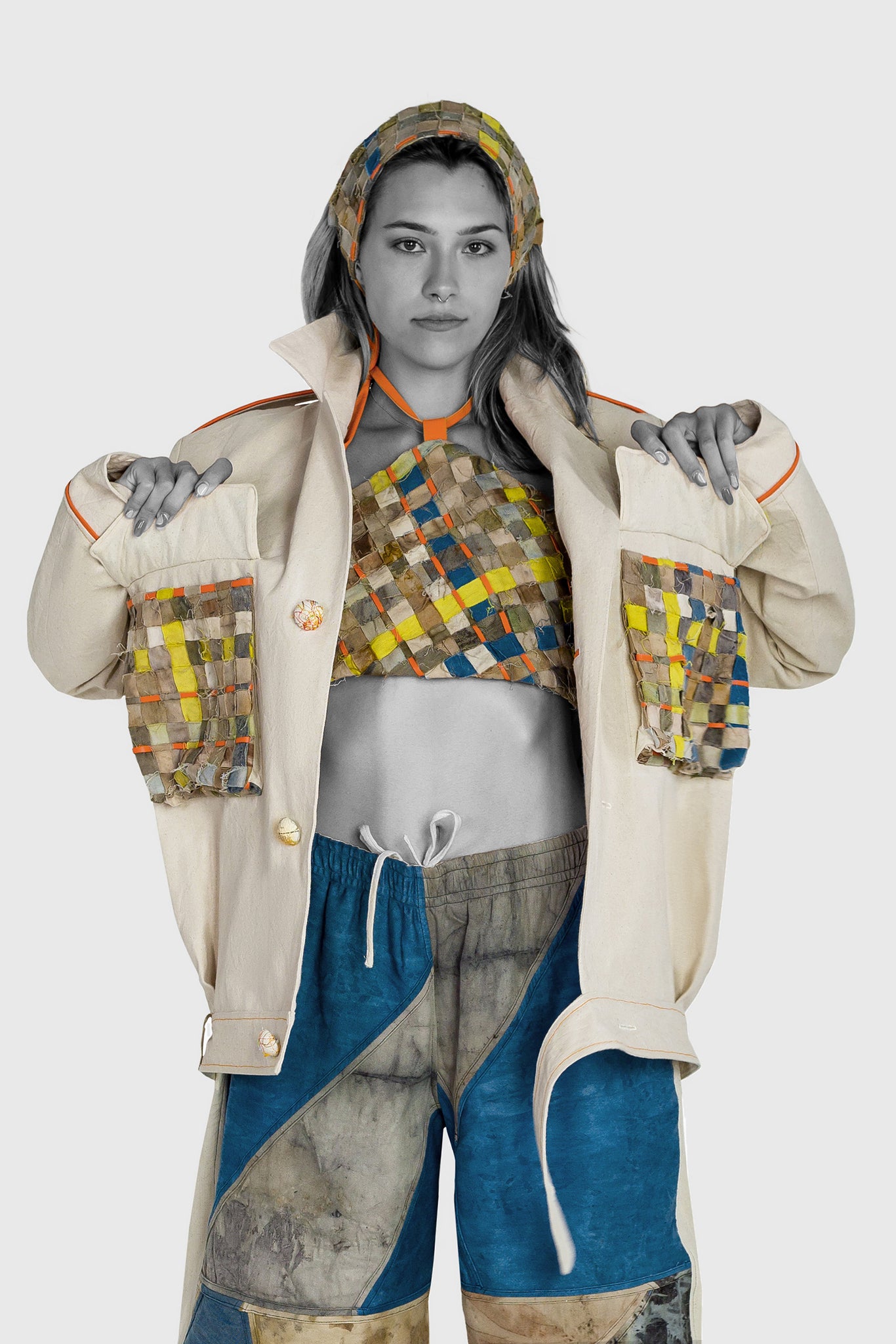 Ruxandra, outfit of the day, spring summer look, jumper jacket, woven bustier top, with cool textured feel, grungy elegant avantgarde feel, earth colors and yellow oranges, sunny outfit
