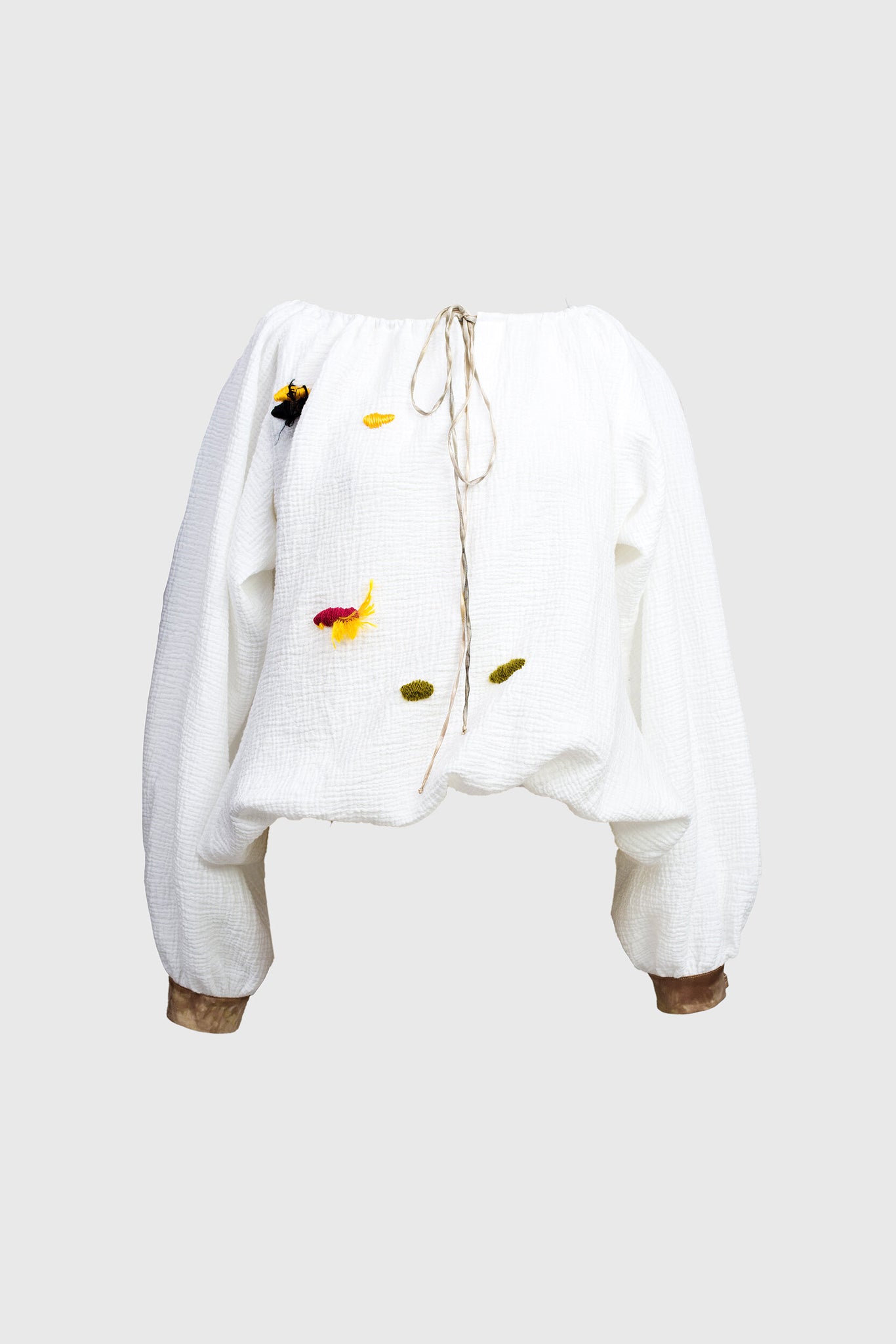 Ruxandra blouse for women of all ages, crinkled white cotton, blouse Roumaine style, Matisse inspired, traditional over stitch, earth tone cuffs 