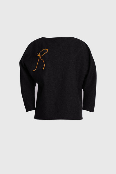 straightforward women's sweater, curved silhouette, embroidered with a thread, black virgin wool, gold and red details