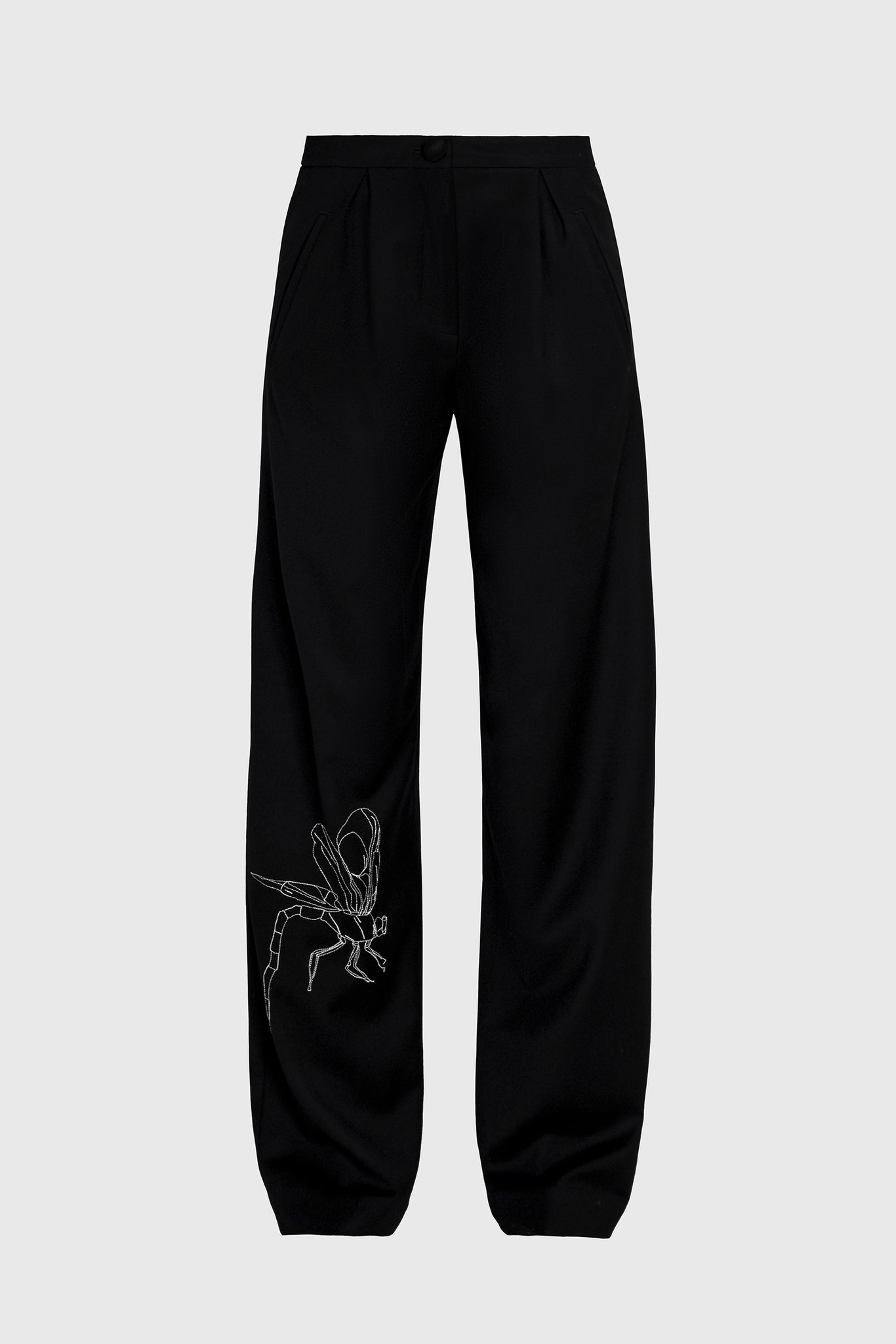 Gigi Hadid style trousers, tailored, high waist, great for tall women, great for medium height women, long trousers, white dragonfly embroidered on right leg, spirit animal, Asian style with European details, comfortable and warm wool, Italian luxury textile, black and white, minimal and striking, style with a short tailored jacket or a long T-shirt