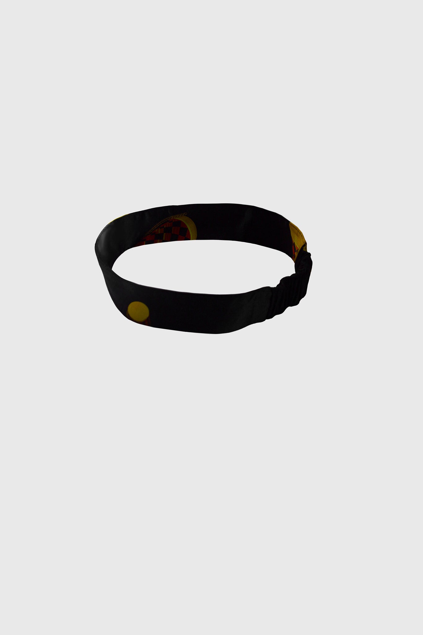 Ruxandra, simple and effective hair band, hold your hair in a fashionable way, classic and timeless, elegant simplicity, golden cylinders printed on black silk